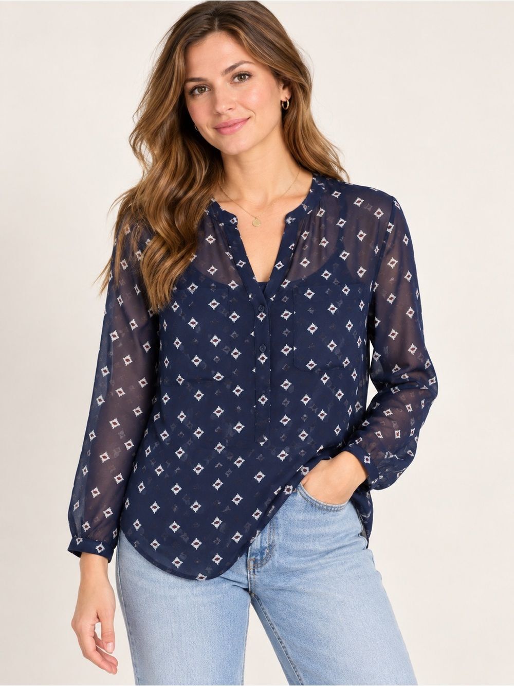 GAP Women’s M Navy Geometric Print Button-Front Blouse bohemian